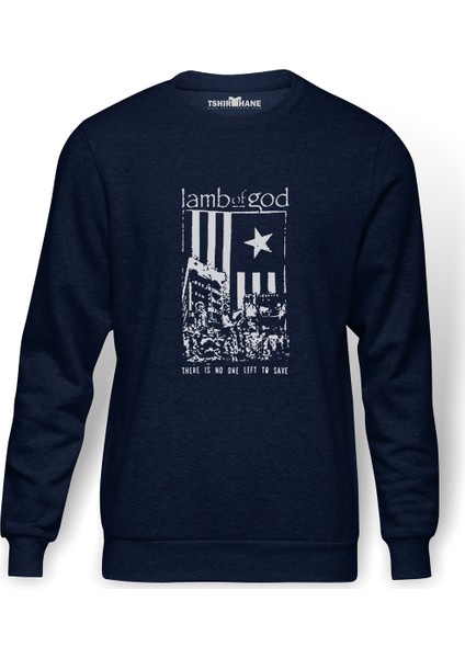 Lamb Of God There Is No Baskılı İndigo Mavi Lacivert Erkek Örme Sweatshirt Uzun kol