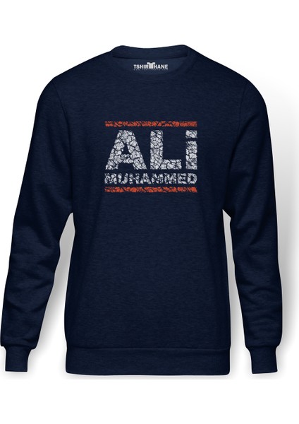 Mohamed Ali Run Dmc Baskılı İndigo Mavi Lacivert Erkek Örme Sweatshirt Uzun kol
