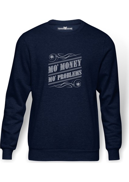 No Money No Problem Baskılı İndigo Mavi Lacivert Erkek Örme Sweatshirt Uzun kol