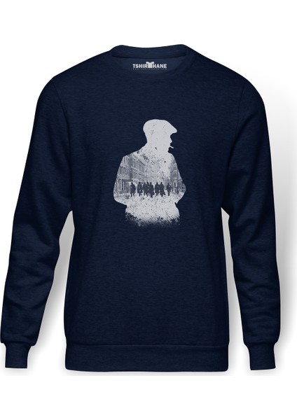 Peaky Blinders Tommy Shelby Gölge Baskılı İndigo Mavi Lacivert Erkek Örme Sweatshirt Uzun kol