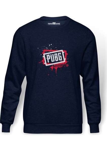 Pubg Kan Pubg Siyah Baskılı İndigo Mavi Lacivert Erkek Örme Sweatshirt Uzun kol