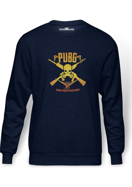 Pubg Kurukafa Sarı Baskılı İndigo Mavi Lacivert Erkek Örme Sweatshirt Uzun kol