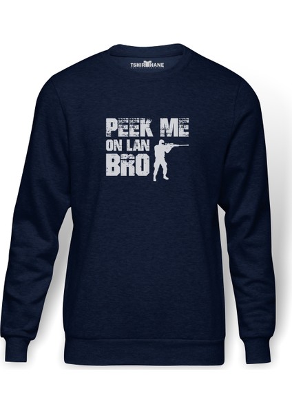 Pubg Peek Me On Lan Bro Baskılı İndigo Mavi Lacivert Erkek Örme Sweatshirt Uzun kol