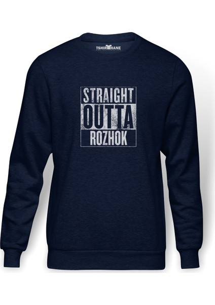 Pubg Straıght Outta Rozhok Baskılı İndigo Mavi Lacivert Erkek Örme Sweatshirt Uzun kol