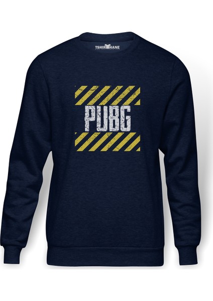 Pubg Baskılı İndigo Mavi Lacivert Erkek Örme Sweatshirt Uzun kol