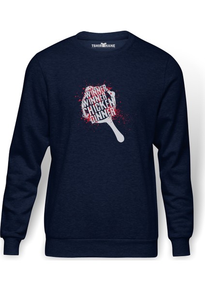 Pubg Winner Tava Baskılı İndigo Mavi Lacivert Erkek Örme Sweatshirt Uzun kol