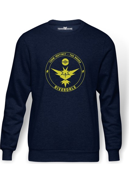 Riverdale Team Instinct Pokemon Go Baskılı İndigo Mavi Lacivert Erkek Örme Sweatshirt Uzun kol