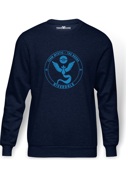 Riverdale Team Mystic Pokemon Go Baskılı İndigo Mavi Lacivert Erkek Örme Sweatshirt Uzun kol