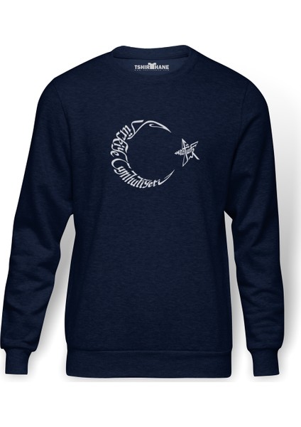 Türkiye Cumhurıyeti Atatürk Baskılı İndigo Mavi Lacivert Erkek Örme Sweatshirt Uzun kol