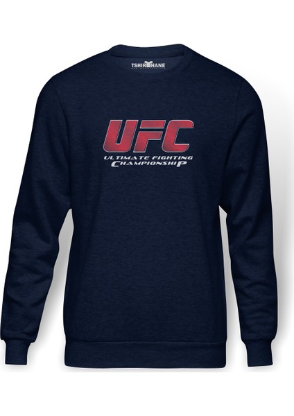 Ufc Ultimate Fighting Championship Logo Baskılı İndigo Mavi Lacivert Erkek Örme Sweatshirt Uzun kol