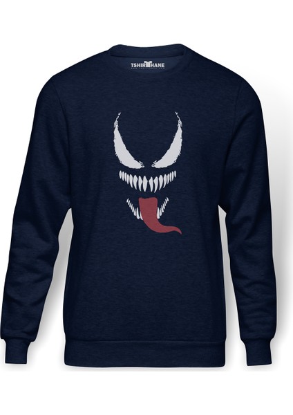Venom Baskılı İndigo Mavi Lacivert Erkek Örme Sweatshirt Uzun kol