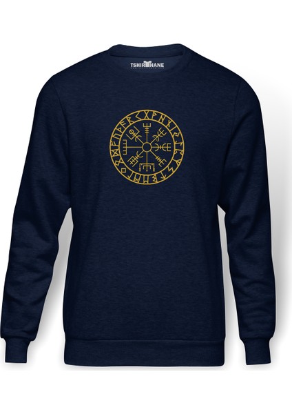 Viking Compass Logo Baskılı İndigo Mavi Lacivert Erkek Örme Sweatshirt Uzun kol