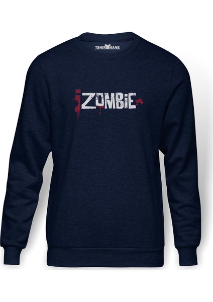 Zombie Logo Baskılı İndigo Mavi Lacivert Erkek Örme Sweatshirt Uzun kol