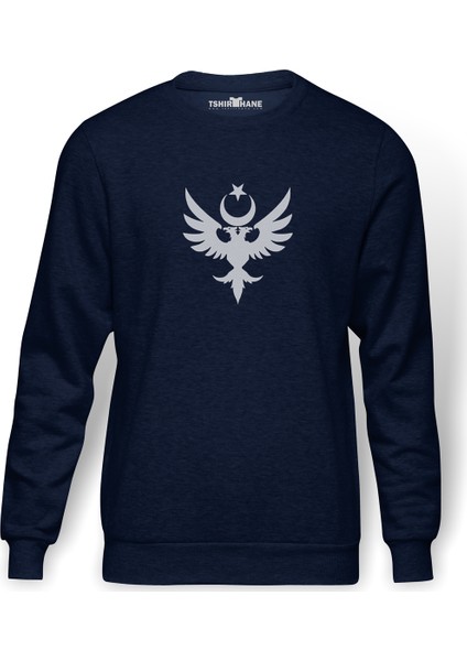 Göktürk Türk Selçuklu Kartalı Baskılı İndigo Mavi Lacivert Erkek Örme Sweatshirt Uzun kol