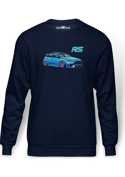 Ford Focus RS Baskılı İndigo Mavi Lacivert Erkek Örme Sweatshirt Uzun kol