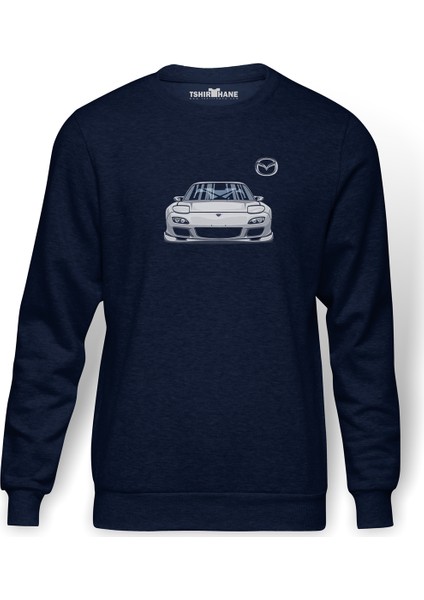 Mazda RX7 Baskılı İndigo Mavi Lacivert Erkek Örme Sweatshirt Uzun kol