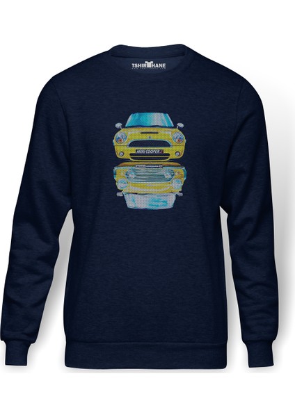 Mini Cooper S Baskılı İndigo Mavi Lacivert Erkek Örme Sweatshirt Uzun kol