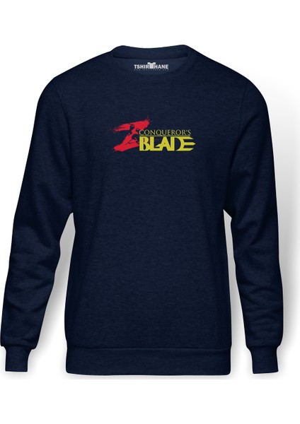 CONQUEROR' BALDE Baskılı İndigo Mavi Lacivert Erkek Örme Sweatshirt Uzun kol