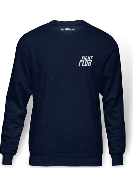 Fight Club Göğüs Baskı Baskılı İndigo Mavi Lacivert Erkek Örme Sweatshirt Uzun kol