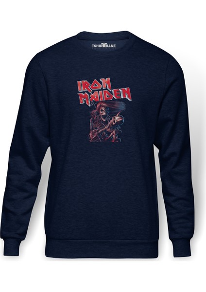 İron Maiden Ed Force One Canavar Yolda Baskılı İndigo Mavi Lacivert Erkek Örme Sweatshirt Uzun kol