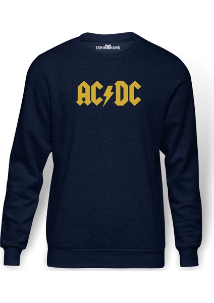 ACDC Logo Sarı Baskılı İndigo Mavi Lacivert Erkek Örme Sweatshirt Uzun kol