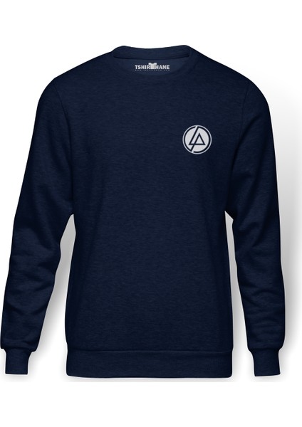 Linkin Park Logo Göğüs Logo Baskılı İndigo Mavi Lacivert Erkek Örme Sweatshirt Uzun kol