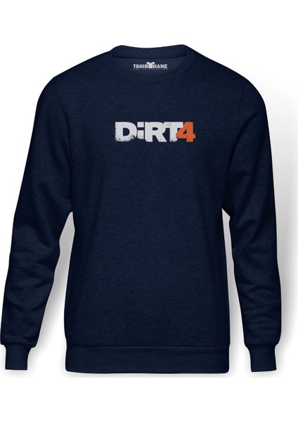 Dirt 4 Baskılı İndigo Mavi Lacivert Erkek Örme Sweatshirt Uzun kol