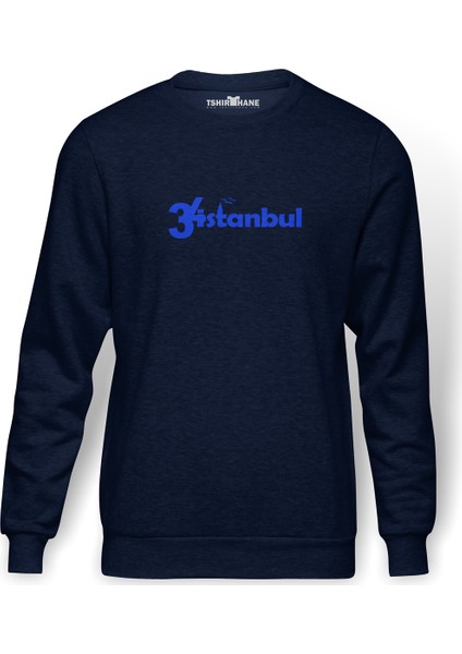 34İstanbul Baskılı İndigo Mavi Lacivert Erkek Örme Sweatshirt Uzun kol