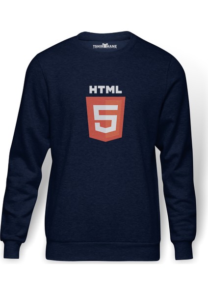 Html 5 Baskılı İndigo Mavi Lacivert Erkek Örme Sweatshirt Uzun kol