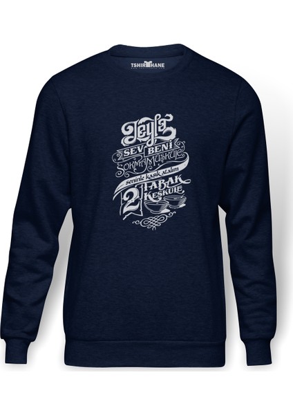 Leyla Sev Beni Baskılı İndigo Mavi Lacivert Erkek Örme Sweatshirt Uzun kol