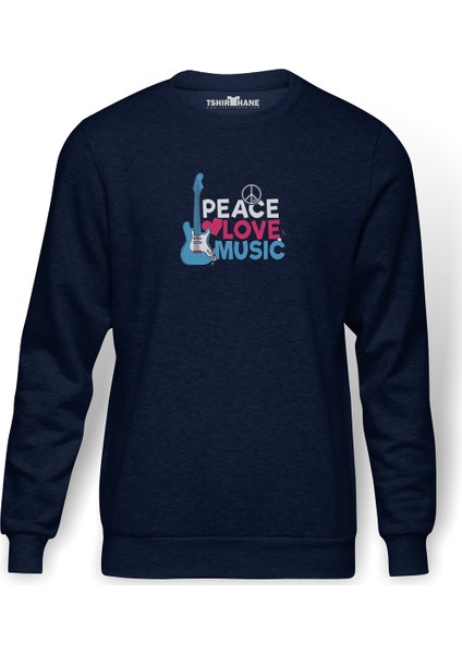 Peace Love Music Baskılı İndigo Mavi Lacivert Erkek Örme Sweatshirt Uzun kol