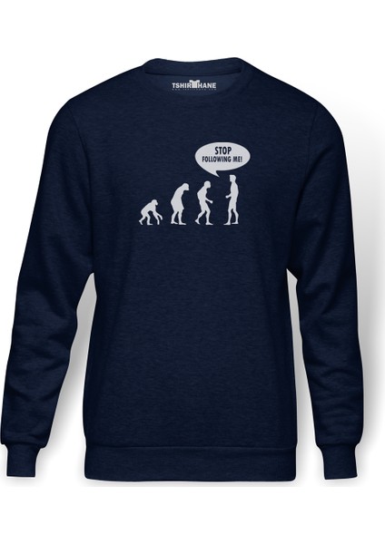 STOP FOLLOWING ME Baskılı İndigo Mavi Lacivert Erkek Örme Sweatshirt Uzun kol