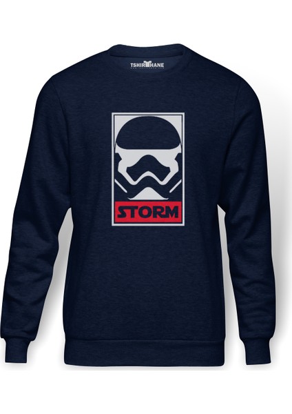 Storm Baskılı İndigo Mavi Lacivert Erkek Örme Sweatshirt Uzun kol
