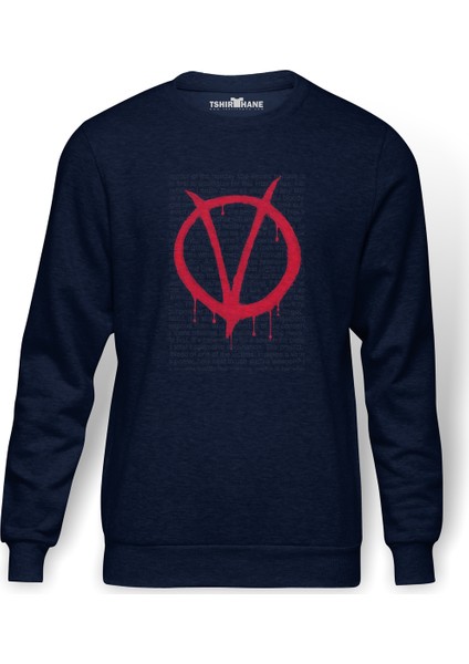 V For Vendetta Baskılı İndigo Mavi Lacivert Erkek Örme Sweatshirt Uzun kol