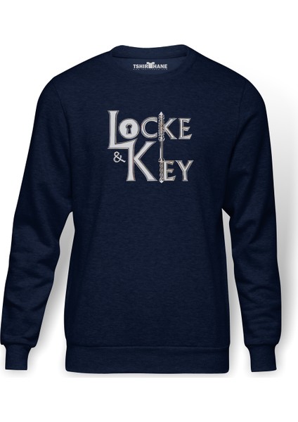 And Key All Keys LockeKey TT Baskılı İndigo Mavi Lacivert Erkek Örme Sweatshirt Uzun kol