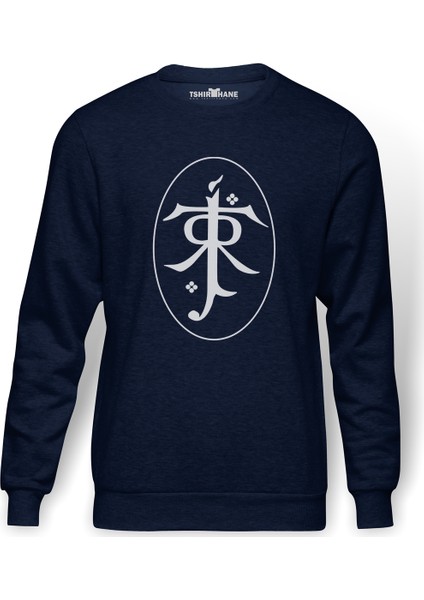 Of The Rings JRRT Jrr Tolkien Baskılı İndigo Mavi Lacivert Erkek Örme Sweatshirt Uzun kol