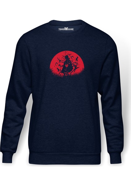 Uchiha Itachi Baskılı İndigo Mavi Lacivert Erkek Örme Sweatshirt Uzun kol