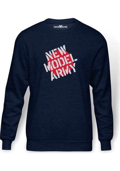 New Model Army Baskılı İndigo Mavi Lacivert Erkek Örme Sweatshirt Uzun kol