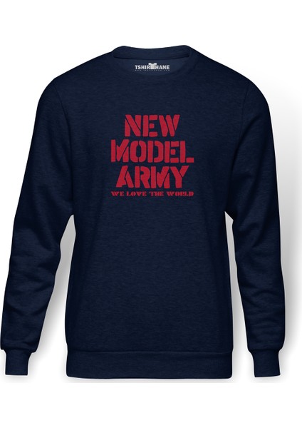 Model Army We Love The World Baskılı İndigo Mavi Lacivert Erkek Örme Sweatshirt Uzun kol