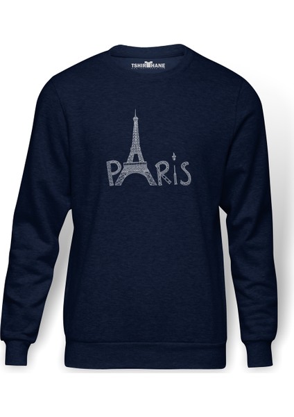 Eiffel Tower Silhouet Baskılı İndigo Mavi Lacivert Erkek Örme Sweatshirt Uzun kol