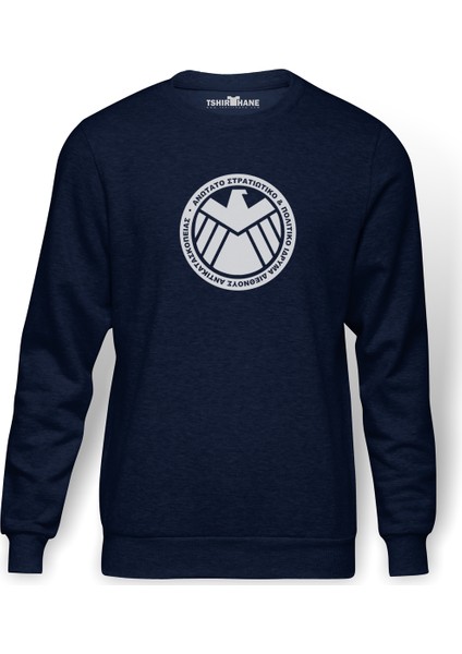 H I E L D Baskılı İndigo Mavi Lacivert Erkek Örme Sweatshirt Uzun kol