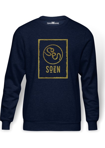 Soen Symbol Text Baskılı İndigo Mavi Lacivert Erkek Örme Sweatshirt Uzun kol