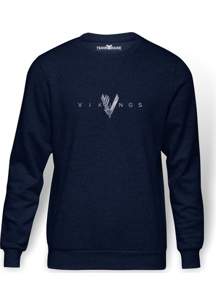 Vikings Baskılı İndigo Mavi Lacivert Erkek Örme Sweatshirt Uzun kol