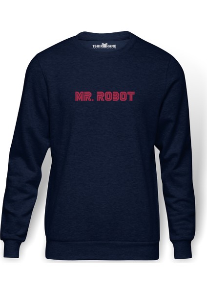 Mr Robot Baskılı İndigo Mavi Lacivert Erkek Örme Sweatshirt Uzun kol