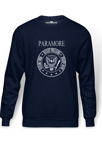 Paramore Baskılı İndigo Mavi Lacivert Erkek Örme Sweatshirt Uzun kol