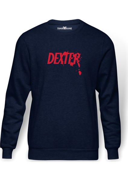 DEXTER RED LOGO Baskılı İndigo Mavi Lacivert Erkek Örme Sweatshirt Uzun kol