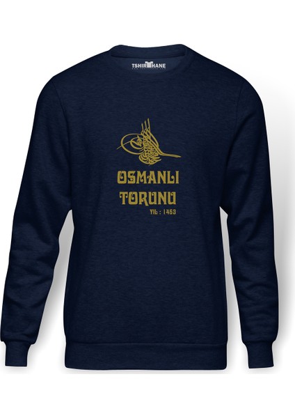 OSMANLI TORUNU TUGRA 1453 Baskılı İndigo Mavi Lacivert Erkek Örme Sweatshirt Uzun kol