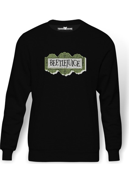 Beetlejuice Logo Baskılı Siyah Erkek Örme Sweatshirt Uzun kol
