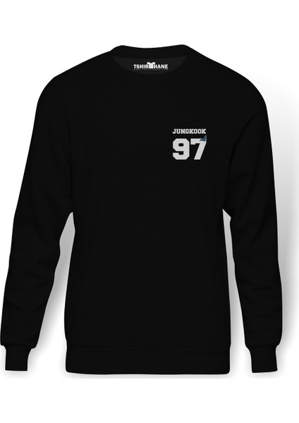 BTS Jungkook 97 Baskılı Siyah Erkek Örme Sweatshirt Uzun kol