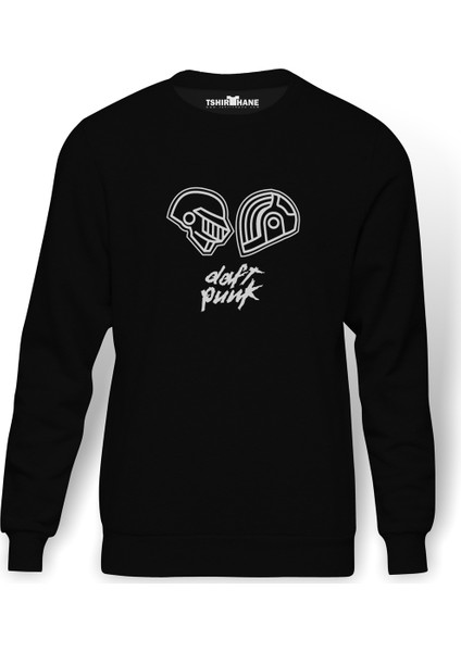 Daft Punk Helmet & Yazi Baskılı Siyah Erkek Örme Sweatshirt Uzun kol